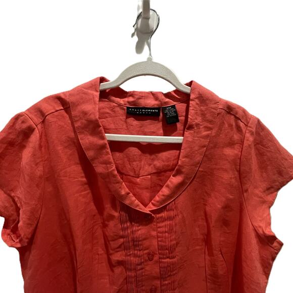 Fuchsia Coral Linen Shirt by Grace Elements, 20W‎ Pintuck Front Pleated Hem - Picture 3 of 13